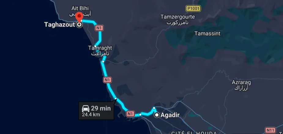 Route from Agadir to Taghazout by road along the coast